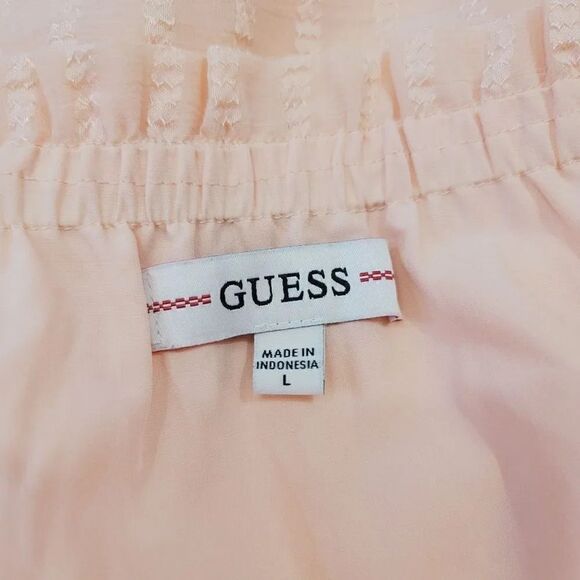 NEW Guess Sheer Chiffon Corset Bardot Milkmaid Peasant Mini Dress in Peach Large - Picture 8 of 14